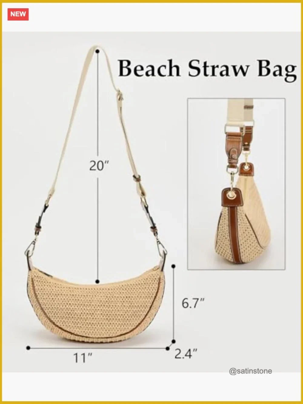Straw Woven Crescent Hobo Crossbody Bag with Adjustable Strap - Picture 6 of 7